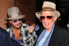 Johnny Depp, plaid shirt, blue tint sunglasses, hat, necklaces, blue shirt, tan hat, Keith Richards, hat, skull ring, black jacket, blue shirt,